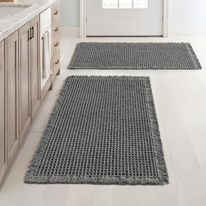 MIULEE Set of 2 Waffle Bathroom Rugs Boho Bath Mat Dark Grey 18x30 Inch | Non Slip, Super Absorbent, Washable, Ultra Soft, Rubber Backed Bath Rugs for Bathroom Floor Tub Shower