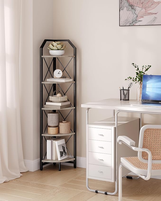 CHOEZON 5-Tier Corner Shelf, Industrial Corner Bookshelf, 59.4" Corner Storage Stand, Plant Stand Display Shelf, Corner Bookcase for Bedroom, Living Room, Home Office, Greige and Black TCJ10BG