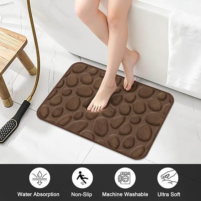 Stone Bath Mats, Non-Slip Memory Foam Bathroom Rug, 16x24 Brown | TPR Rubber Backing,Ultra Soft,Highly Absorbent,Machine Washable,Quick Dry for Tub and Shower, Home Decor Accessories