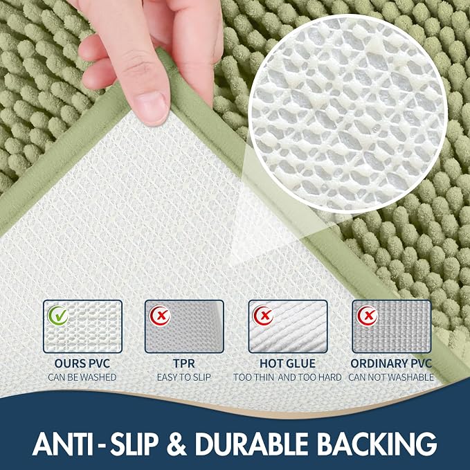 TREETONE Bathroom Rugs Sets, Thick Soft Absorbent 3 Piece Chenille Bath Rugs, Non-Slip, Dry Quickly, Machine Washable, Shaggy Mats with U-Shaped Toilet Rug for Bath Floor, Tub and Shower, Sage Green
