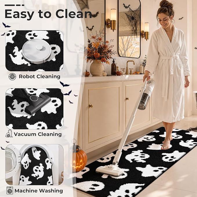 Findosom Halloween Bathroom Rugs Sets 3 Piece, Absorbent Soft Bath Rug Set | Washable Non-Slip Microfiber Shaggy Ghost Bath Mat Set with Bathroom Runner Rug, U-Shaped Toilet Rugs, Shower Rug, Black