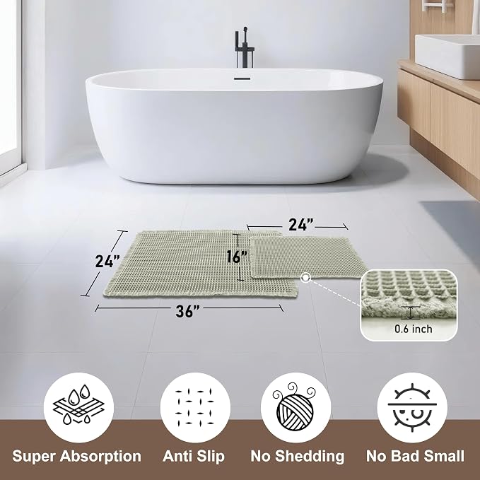 JIUZHEN Set of 2 Waffle Bath Mats Boho Bath Rugs 16x24&24x36, Sage Green | Non Slip, Super Absorbent, Washable, Ultra Soft, Fast Drying Waffle Bathroom Rugs for Bathroom Floor, Tub, Shower