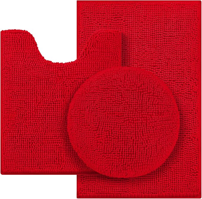 HOMEIDEAS 3 Pieces Red Bathroom Rugs Set, Ultra Soft Non Slip Bath Rug and Absorbent Chenille Bath Mat, Includes U-Shaped Contour Rug, Bath Mat and Toilet Lid Cover, Perfect for Bathroom, Tub