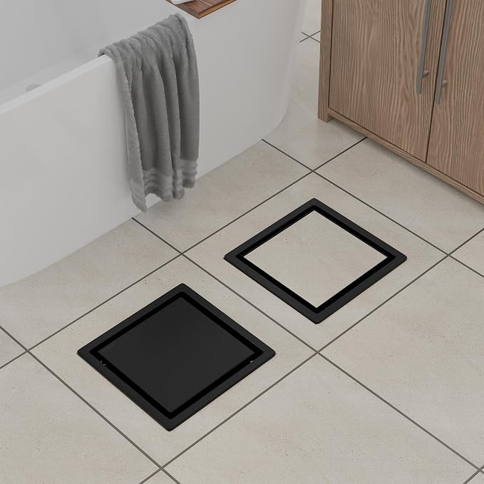 6 Inch Square Black Shower Drain with Flange,Modern Floor Drain with 2-in-1 Cover Tiled Insert Grate,SUS 304 Stainless Steel
