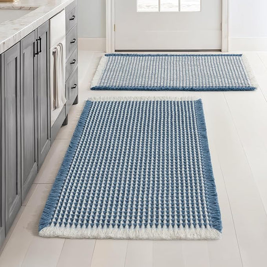MIULEE Set of 2 Waffle Bathroom Rugs Boho Bath Mat Blue&Cream 18x30 Inch | Non Slip, Super Absorbent, Washable, Ultra Soft, Rubber Backed Bath Rugs for Bathroom Floor Tub Shower