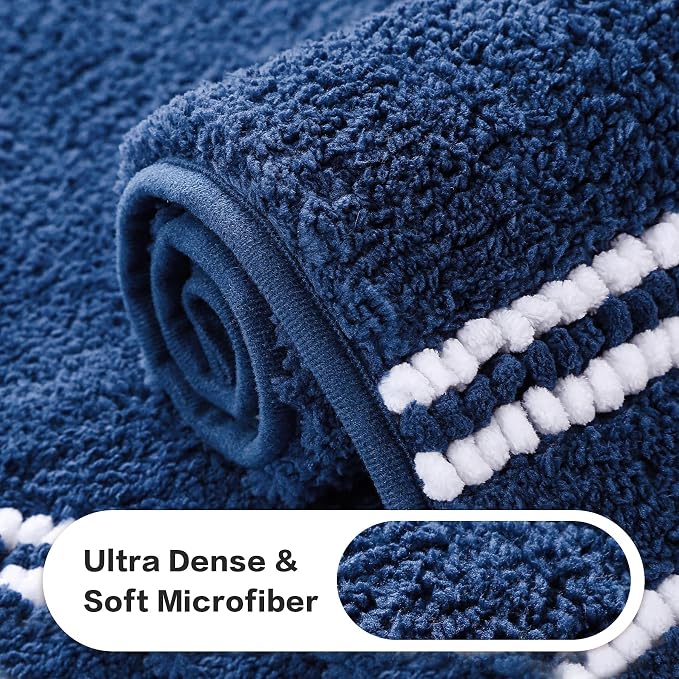 Kmson Bathroom Rugs Mat, 20"x32" Ultra Soft Washable Shaggy Chenille Bath Rugs, Non-Slip Fluffy Thick Water Absorbent Microfiber Mat for Bathtub, Sink and Shower, Navy Blue