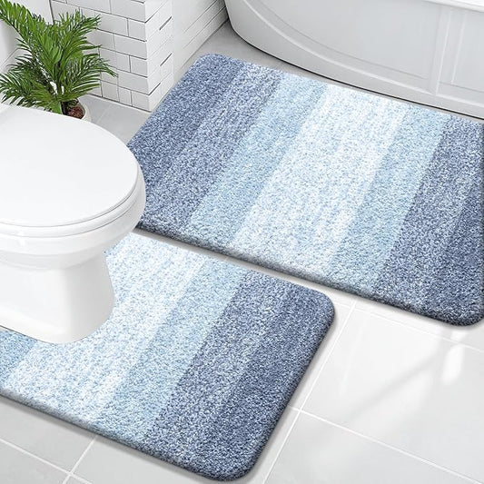 OLANLY Micorfiber Bathroom Rug Set 2 Piece, 36"x24"+U-Shaped 24"x20" | Blue, Soft Absorbent Bath Mats and Contour Toilet Rug, Non-Slip, Machine Wash Dry, Plush Shaggy Bath Mats for Bathroom