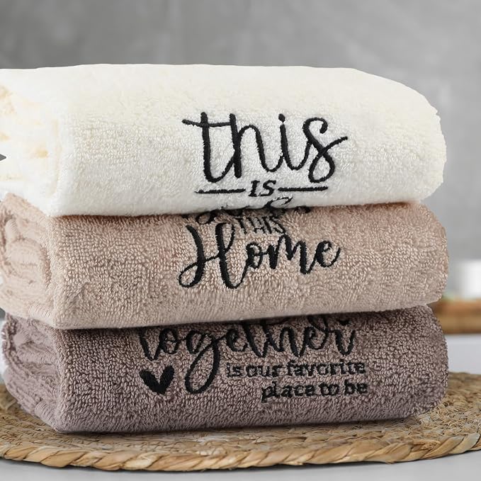 3 Pcs Hand Towels Bathroom Set,Brown,Inspirational Language | Embroidered Cotton Farmhouse Towels, Kitchen Decor, Rustic Boho Decorative with Text Labels, Guest Bath Home