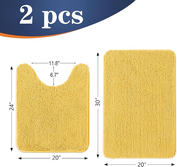 OLANLY Chenille Bathroom Rugs Mats Sets 2 Piece, 30"x20"+24"x20", Yellow | Soft Absorbent Bath Mat and U-Shaped Contour Toilet Rug Set, Quick Dry, Machine Washable Bath Carpet, Home Decor Accessories