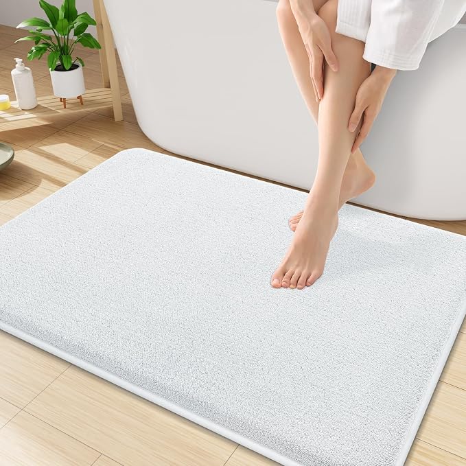 Smiry Memory Foam Bath Mat 34x21, Extra Soft Absorbent Bathroom Rugs | White Quick Dry, Machine Washable Bath Mats for Bathroom, Shower, Tub and Home Decor Accessories