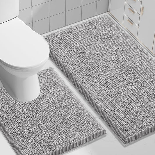 Smiry Bathroom Rugs Sets 2 Piece (30x20+ U Shape 24x20, Light Grey) | Soft Absorbent Machine Washable Non Slip Shaggy Bath Rug Set for Tub, Shower, and Floor, Home Decor