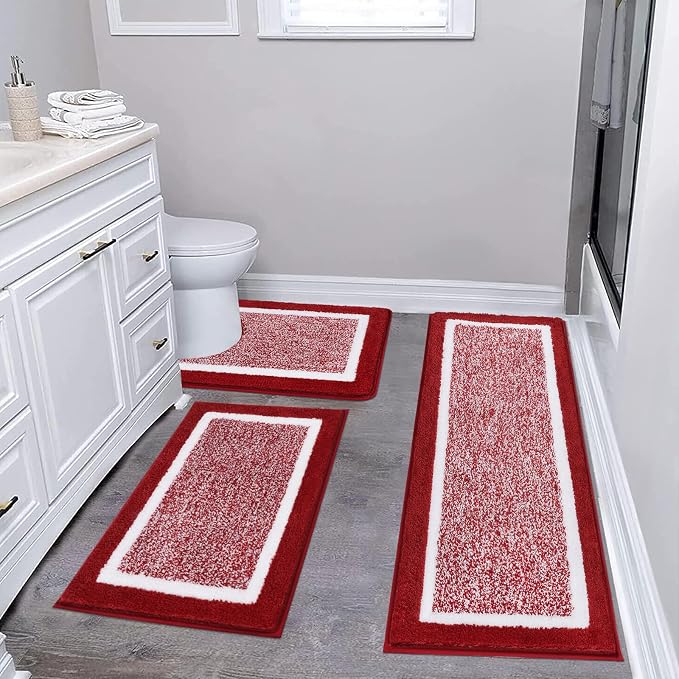 Pauwer Bathroom Rugs 3 Piece Set, Non Slip Washable Bath Mat, Red | Soft Plush Microfiber, Super Absorbent Floor Carpet, U Shaped Toilet Mats, Quick Dry, Shaggy Shower Rugs Runners