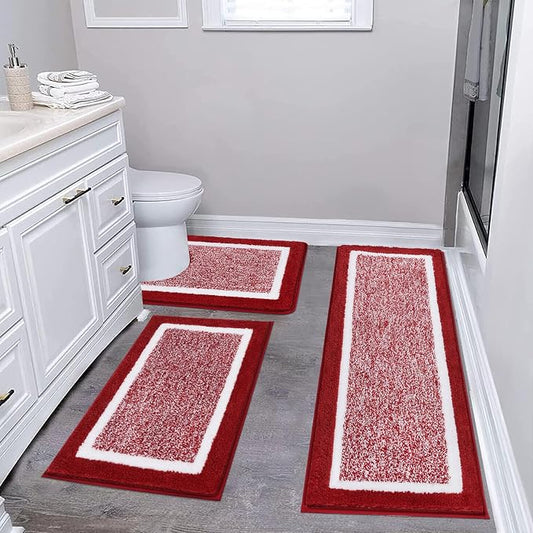 Pauwer Bathroom Rugs 3 Piece Set, Non Slip Washable Bath Mat, Red | Soft Plush Microfiber, Super Absorbent Floor Carpet, U Shaped Toilet Mats, Quick Dry, Shaggy Shower Rugs Runners