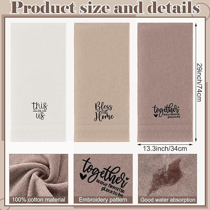 3 Pcs Hand Towels Bathroom Set,Brown,Inspirational Language | Embroidered Cotton Farmhouse Towels, Kitchen Decor, Rustic Boho Decorative with Text Labels, Guest Bath Home