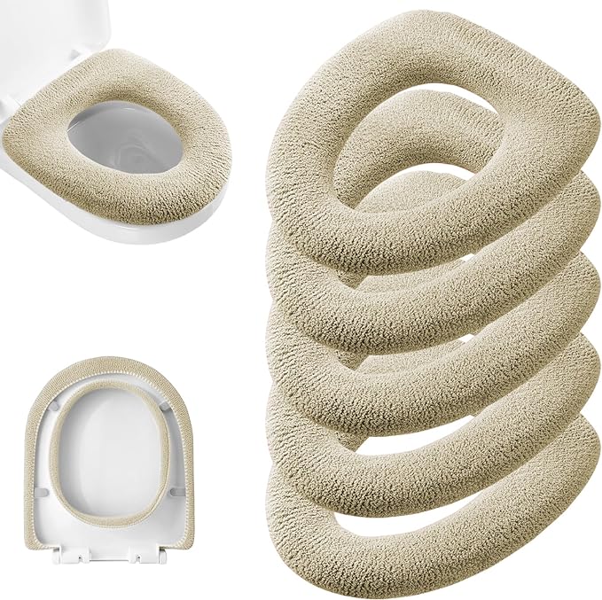 Legigo 5 Pack Toilet Seat Cover, Soft Toilet Seat Warmer Pads for Bathroom | Warmth, Comfort & Easy to Install, Toilet Seat Cushion Covers, Washable and Stretchable(Knit Elongated Beige)