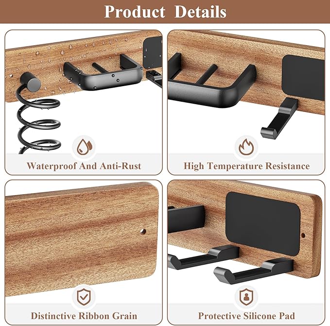 Tindbea Hair Dryer Holder Wall Mount Aluminum Alloy Hot Tools Organizer | Sapele Wood, Matte Black