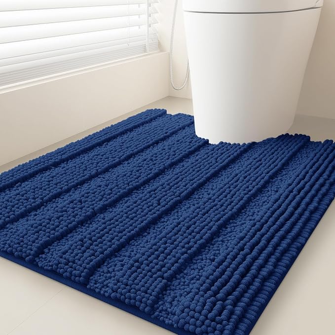 ACCUMTEK Striped Denim Blue Toilet Bathroom Rug Mat 24" x 20" Contour Rug Ultra Soft, Non Slip Chenille Bath Rugs, Absorbent Plush Shaggy Bath Mats for Bathroom, Bedroom, Kitchen, Shower, Tub