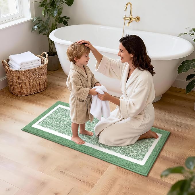 Pauwer Bathroom Rugs Sets 5 Piece, Microfiber Bath Mats, Green | Non Slip Washable U Shaped Toilet Rug, Long Shower Runner, Toilet Lid Cover, Quick Dry Absorbent Plush Floor Carpet