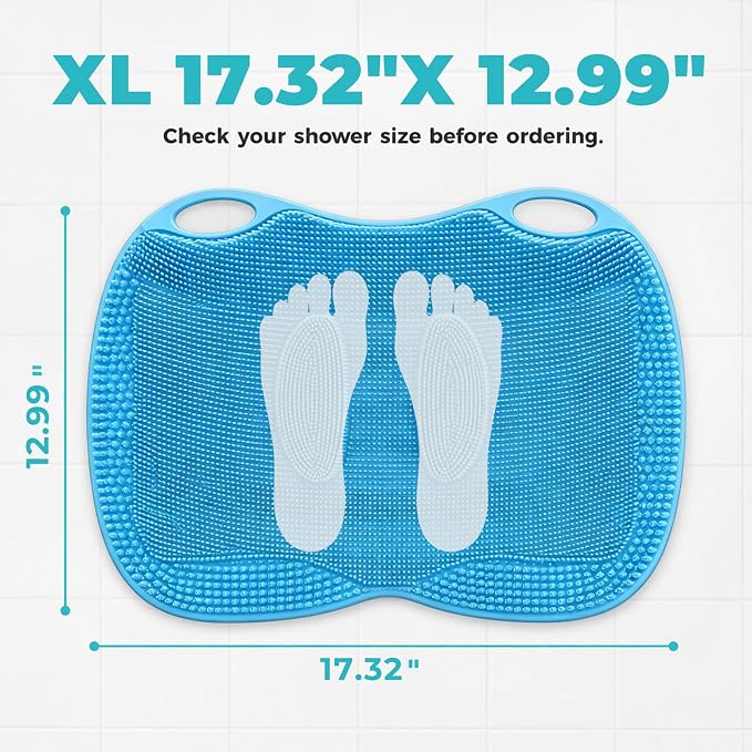 XL Silicone Shower Foot Scrubber Mat with Suction Cups, Foot Washer for Shower, Foot and Back Scrubber for Smooth Shower Wall or Floor, Blue, 17.3 x 12.9 in