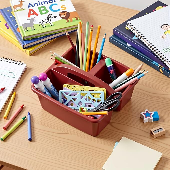 Kathfly 8 Pack Classroom Caddy Organizer with Handle, Plastic Art Craft Cleaning Caddy Bulk, Small Multipurpose Supply Organization Storage Basket for Table Desk Office Pencil Teacher (Deep Color)