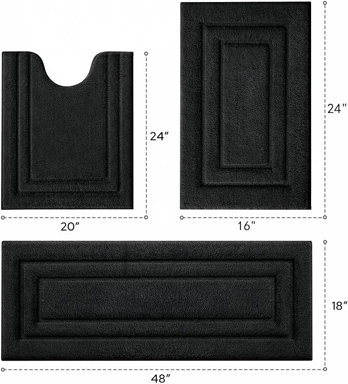 HOMEIDEAS Black Bathroom Rugs Set of 3, Non Slip Bath Runners | Super Absorbent, Plush Microfiber, Machine Washable, Stain Resistant, Easy Care, Perfect for Modern Bathroom Decor