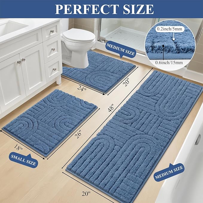 Vaukki Blue Bathroom Rugs Sets 3 Piece, 48x20+26x18+24x20 Inch | Washable Non Slip Soft Bath Mats for Shower and Tub, Plush Absorbent Microfiber Toilet Rug U Shaped