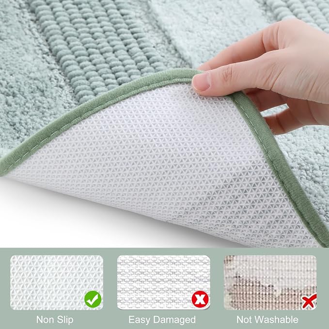Kmson 3 Pcs Ombre Chenille Bathroom Rugs Set, Non-Slip Ultra Soft Washable Shaggy Bath Rugs for Bathtub, Thick Water Absorbent Microfiber Shower Mat Green