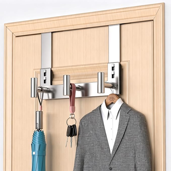 PMMASTO Over The Door Hooks, Fits 1-3/4" Thick Door No Drill Hooks for Closet Bathroom Bedroom Organization, Hanger for Coat Towel Robe (Polished Silver, 3 T-Hooks)
