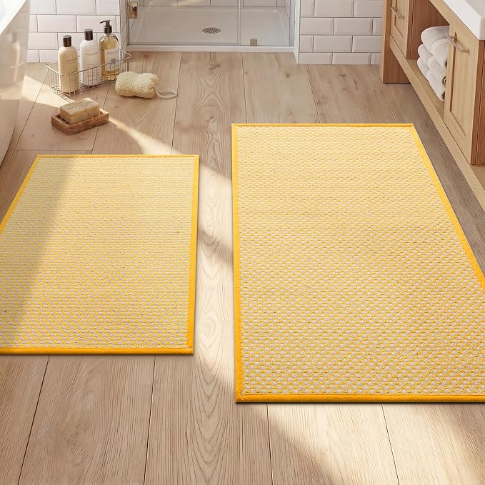 YIHOUSE Thin Bath Mat Yellow Bathroom Rugs Sets 2 Pieces, Non Slip Absorbent Mats Quick Dry, Woven Rugs Washable, Tapetes para Baño for Bathroom Toilet,Bathtub(17"x24"+17"x32")