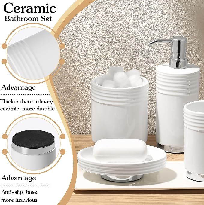 RQYIXI Ceramic 4-Piece Bathroom Accessories Set, White, Chrome Base | polished chrome metal base ribbed design with cotton canister hotel style countertop organization