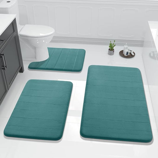 Yimobra 3 Pieces Memory Foam Bath Mat Set with U-Shaped Toilet Rug - Non Slip Super Soft Absorbent Quick Dry Bathroom Rugs for Bathtub, Vanity & Toilet Base, Teal