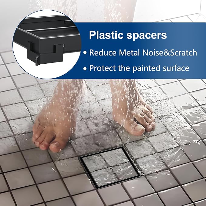 Neodrain Square Shower Drain with Removable Tile Insert Grate,304 Stainless Steel, CUPC Certified, Includes Hair Strainer (Matte Black, 6 in)