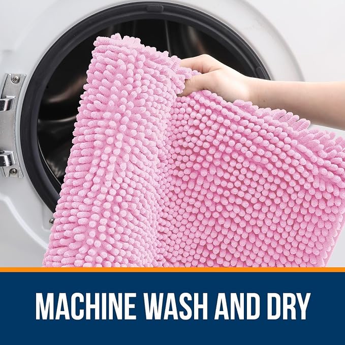 OLANLY Chenille Bathroom Rugs Mats Sets 2 Piece, 36"x24"+24"x20", Pink | Soft Absorbent Bath Mat and U-Shaped Contour Toilet Rug Set, Quick Dry, Machine Washable Bath Carpet, Home Decor Accessories