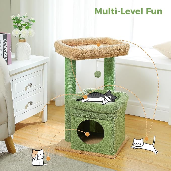 PEQULTI Indoor Cat Tree Tower Small Cats, Sisal Post & Cozy Condo, Green | Private soft cat condo, soft top perch, natural sisal scratch posts, plush pom-pom toy for indoor kitties