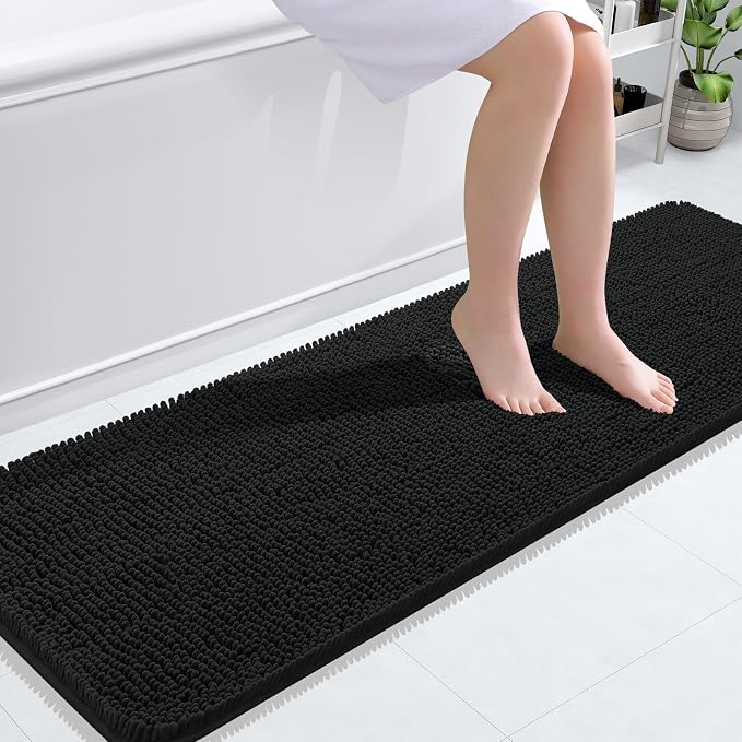 OLANLY Bathroom Runner Rugs 59x20, Extra Soft Absorbent Chenille Bath Rugs | Black, Quick-Drying Rubber Backing, Machine Washable Long Bath Mat for Bathroom Floor, Tub and Shower, Home Decor Accessories