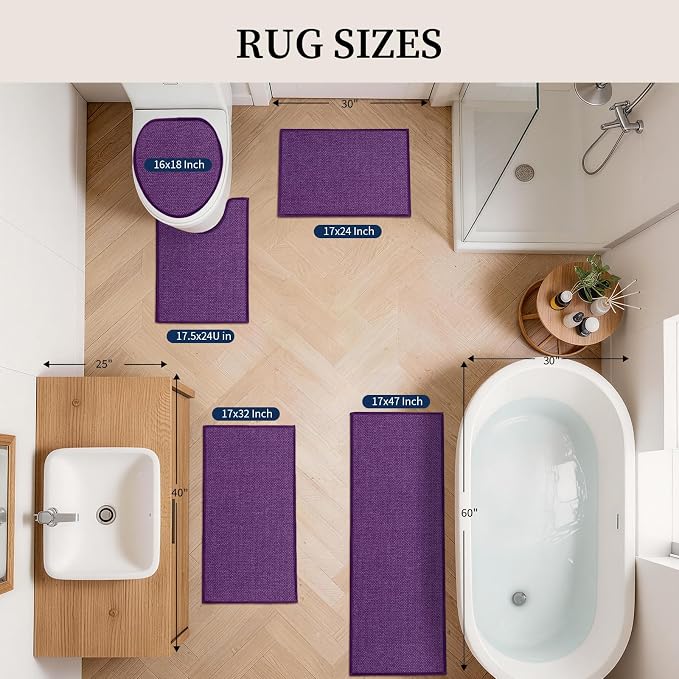 Purple Bathroom Rugs Sets 5 Piece, Quick Dry Thin Bath Mat with Toilet Rug - Non Slip Absorbent Machine Washable - Bath Runner Rugs for Bathtub Sink Home Decor
