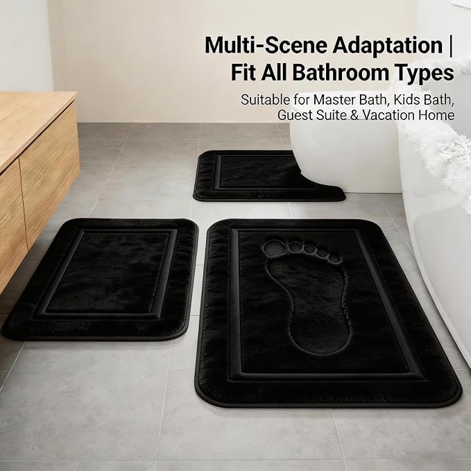 Bathroom Rugs Set 3 Piece Memory Foam, Bordered Toilet Rug, Non-Slip Black | Modern & Monochrome Decor — Black bath mats, absorbent and washable, with a U-shaped toilet mat.