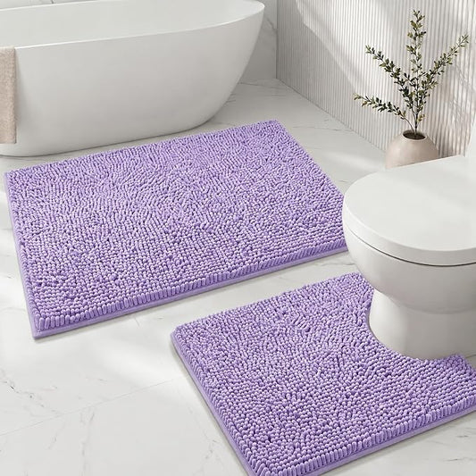 Bathroom Rugs Sets 2 Piece,Super Absorbent Soft,Thick,Machine Washable Chenille Bath Mat,Non Slip Toilet Floor Rug,Bath Mats for Bathroom,20x32 Plus 20x20 U Shape,Lavender Purple