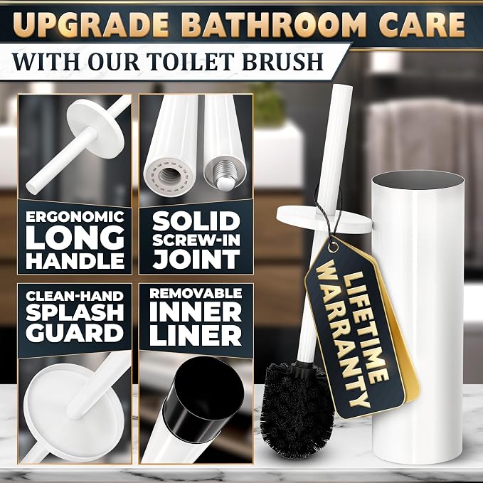 Stainless Steel Toilet Brush and Holder Set White - Long Handle Toilet Bowl Cleaner Brush and Holder - Removable Inner Liner, Shiny Design, Splash Protection & Dense Bristles for Bathroom Cleaning