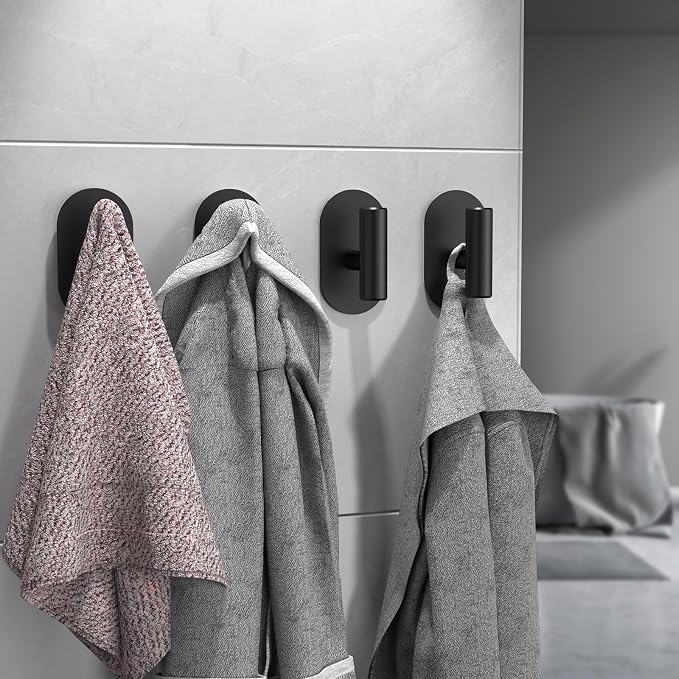 Aikzik Black Adhesive Hooks Heavy Duty, Wall Hooks for Shower, Bathroom, Towel, Coat, Robe, Stainless Steel Hooks for Hanging, Waterproof & Rustproof Sticky Hooks for Walls No Damage- 2 Pack