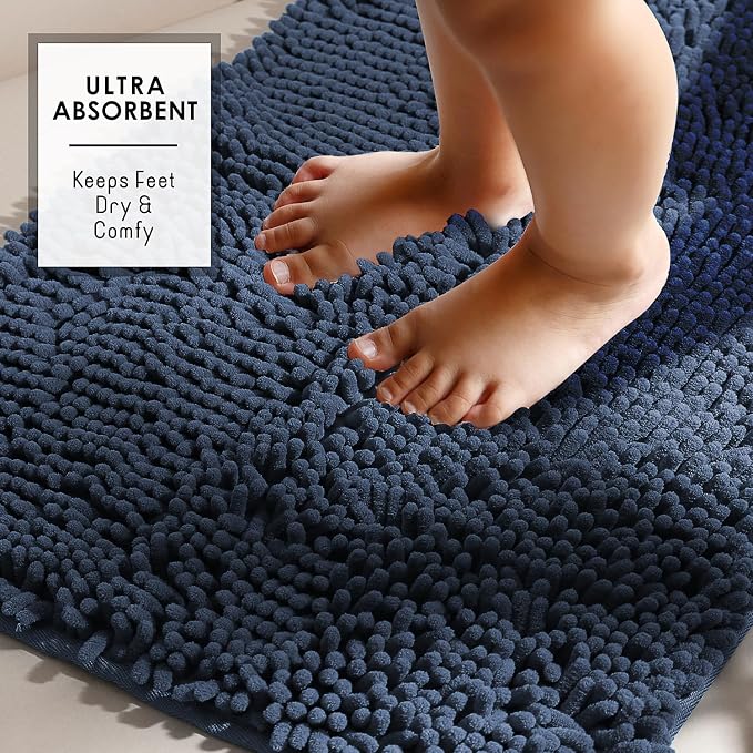 Hearth & Harbor Bathroom Rugs, Chenille Bath Mat - Machine Washable Bath Mats for Bathroom Non-Slip Backing Rubber, Quick Dry Mat - Navy Blue Bath Rug, 17x24-26x44-20x24
