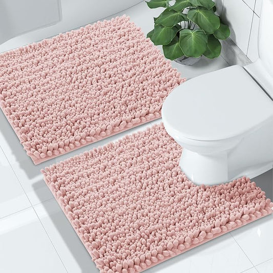 Yimobra Bathroom Rugs Sets 2 Piece - Quick Dry Extra Thick Luxury Chenille Bath Mat, Non Slip Super Absorbent for Tub Shower Sink, Machine Washable Shaggy Floor Mat, 24"x17+24"x20" Inch, Pink