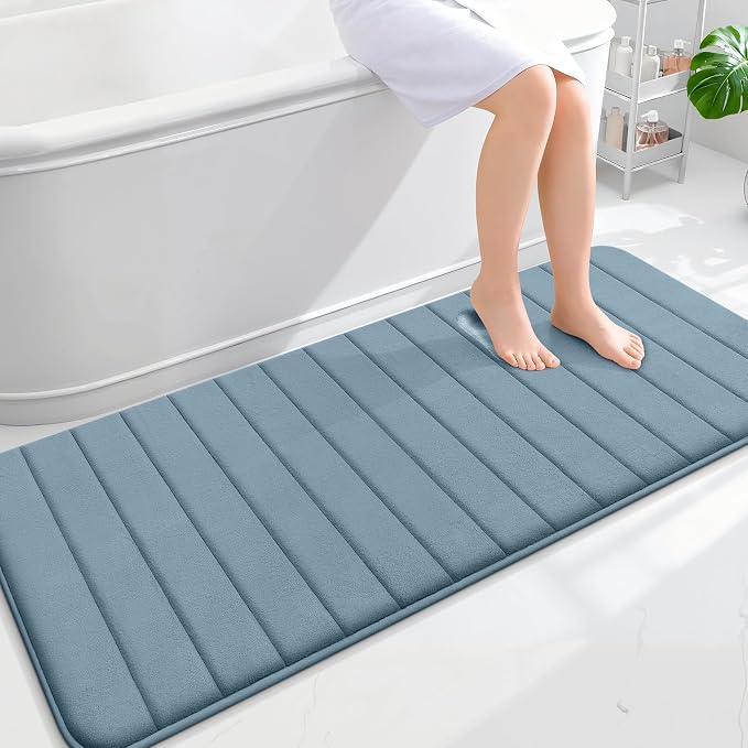 OLANLY Memory Foam Long Bathroom Rugs Runner 59x24, Super Soft Absorbent | Airy Blue, Quick Dry Bath Mat, Machine Washable Shower Floor Rugs, Bathmat Carpet for Bathroom Floor, Tub and Shower