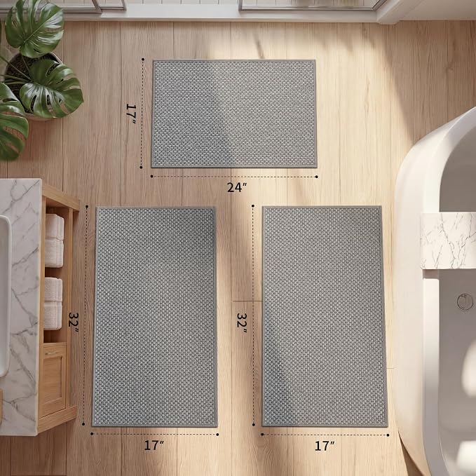 YIHOUSE Thin Bath Mat Light Grey Bathroom Rugs Sets 3 Pieces, Non Slip Absorbent Bath Mats Quick Dry, Woven Braided Rugs Washable, Tapetes para Baño for Bathroom,Bathtub(17"x24"+17"x32"+17"x32")