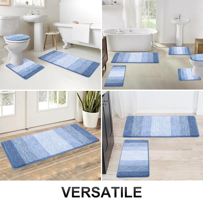 Bsmathom Bathroom Rug Set 5 Piece, Plush Microfiber Bath Mat, Light Blue | Extra Water Absorbent, Non Slip Washable Runner Bath Rugs with Toilet Lid Cover and U-shaped Contour Toilet Mat