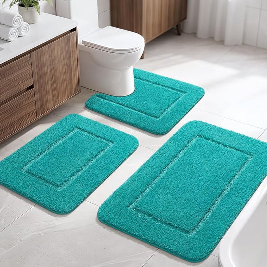 LOCHAS Bathroom Rug Set, Bath Rugs Sets 3 Piece Non Slip Backing, Teal Blue | Washable Absorbent Microfiber Bath Mat Set, Soft Cozy Bathroom Mat for Shower Sink Toilet
