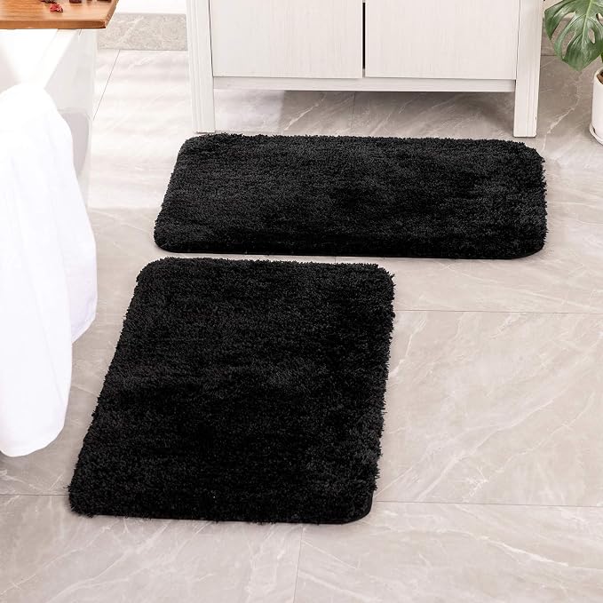 MIULEE Black Soft Bathroom Rugs Set 2 Piece Soft Bath Mats 20x30 Inch | Soft Absorbent Microfiber Bath Rugs, Non Slip, Quick Dry, Fluffy Bath Rugs for Bathroom Floor Tub Showers, Machine Washable