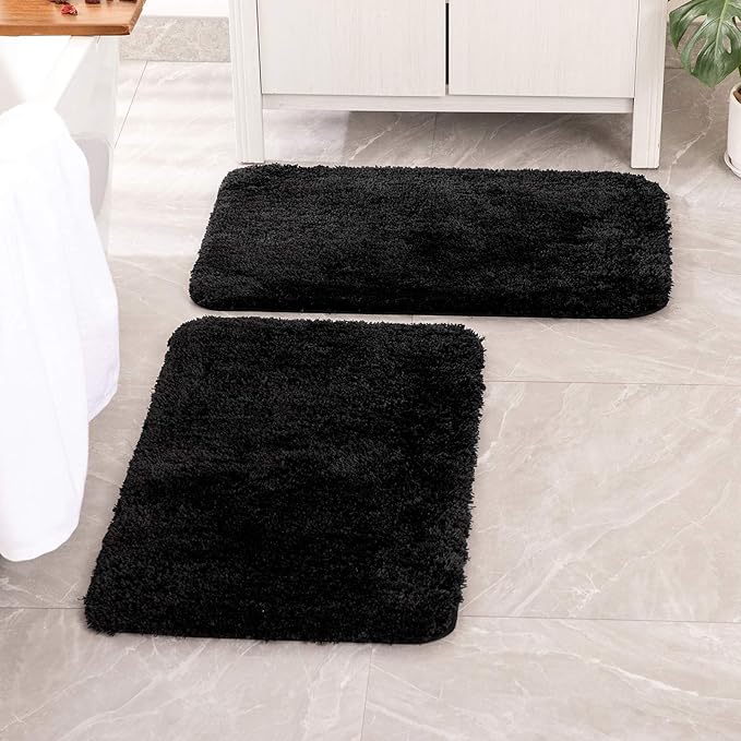 MIULEE Black Bathroom Rugs Set 2 Piece Soft Runner Bath Mats 24x44 Inch | Soft Absorbent Microfiber Bath Rugs, Non Slip, Quick Dry, Fluffy Bath Rugs for Bathroom Floor Tub Showers, Machine Washable