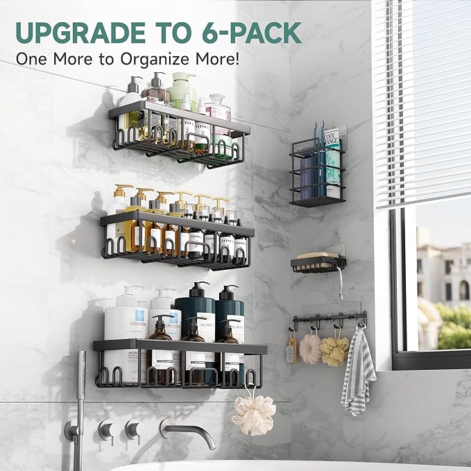 Veken Shower Caddy 6-Pack with Hooks, Bathroom Organizers & Storage, Black | Advanced Rustproof Design, Large Capacity, No Drilling, Adhesive Shelves Rack, Wall-Mounted Kitchen & Home Decor