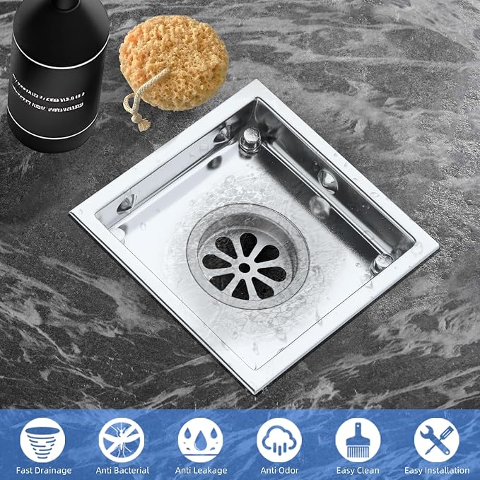 4-Inch Square Shower Drain, Brushed Nickel Floor Drain with Flange, 304 Stainless Steel Bathroom 2-in-1 Tile Drain